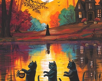 May include: Three black cats with glowing eyes walk on a lake in a spooky forest setting. The lake reflects the full moon, a witch, and a spooky house in the background. One cat carries a jack-o-lantern.