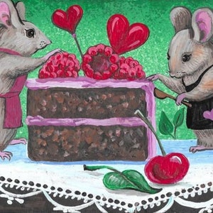 May include: Two mice wearing aprons decorate a chocolate cake with pink frosting and raspberries. The cake is on a white lace tablecloth with a red cherry and green leaf.