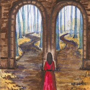 May include: Watercolor painting of a woman in a red dress standing before a stone archway with two paths leading into a forest. Two birds perch atop the arch. The forest has blue and green trees.