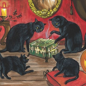 May include: Four black cats gather around a green box with a pentagram symbol on top. The box is emitting smoke and a candle is burning nearby. A jack-o-lantern is in the background.