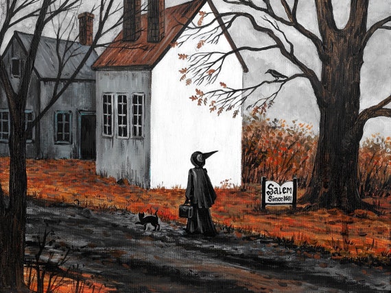 24x36 October In Salem witch Black Cat RYTA ART Halloween Trial Landscape Injustice vintage style folk Horror Haunted Church House village