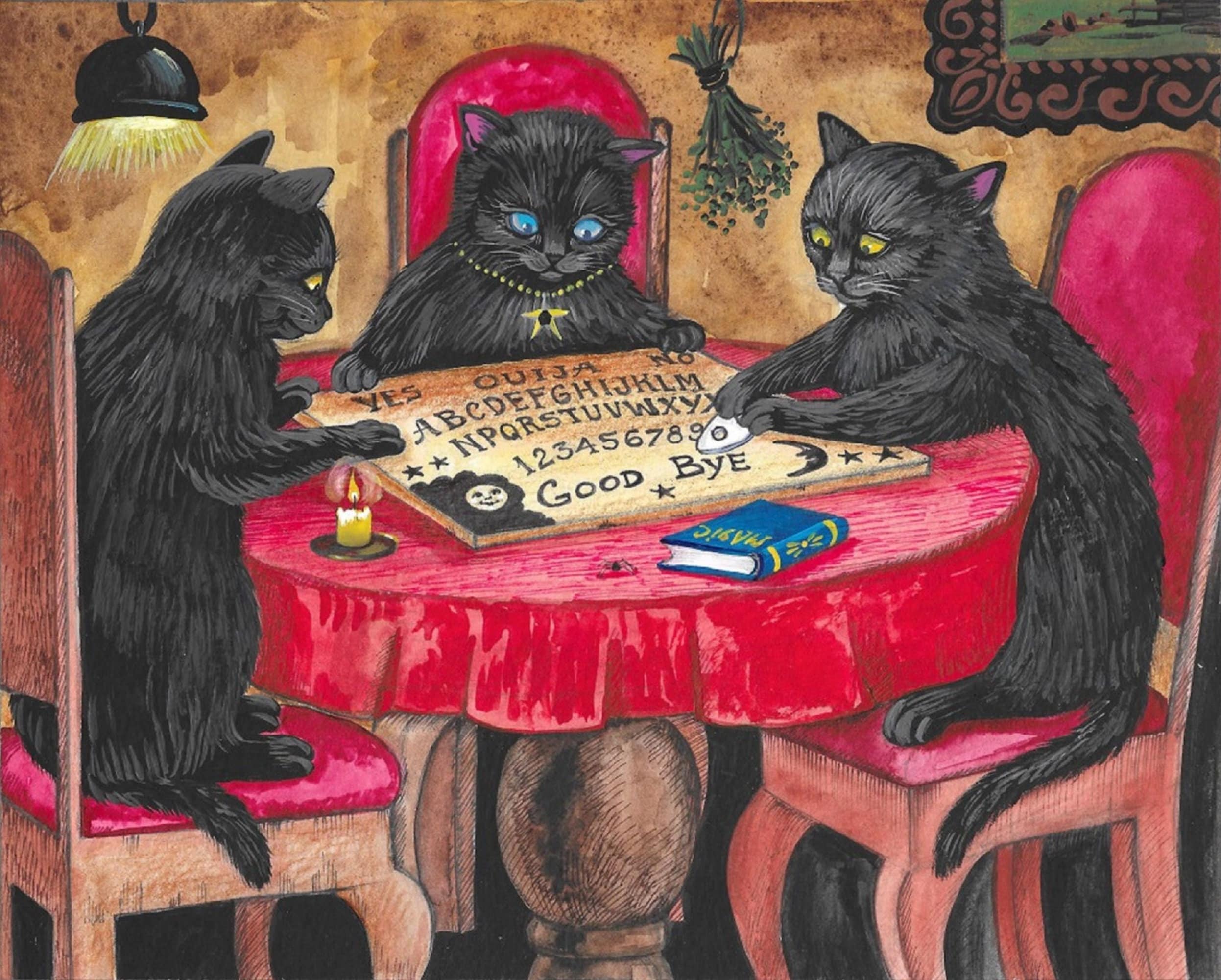 8x10 Playing With Ouija Halloween Black Cat Cats Ryta Spirit