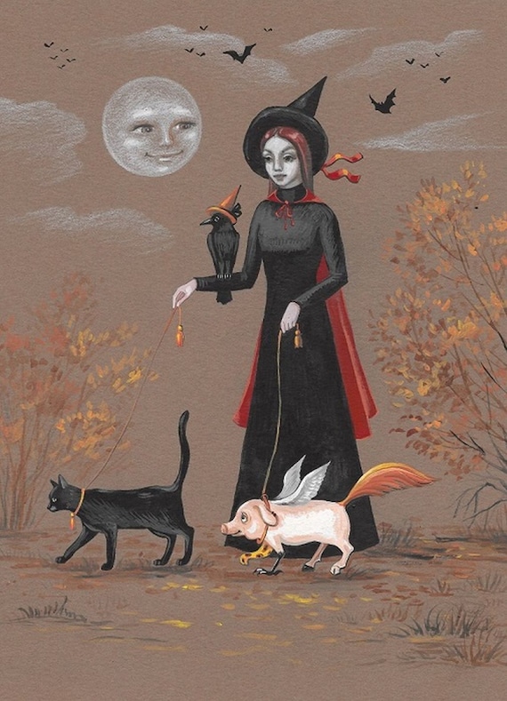 11x14 HALLOWEEN PRINT OF PAINTING RAVEN RYTA BLACK CAT WITCH HAUNTED MIRROR ART 