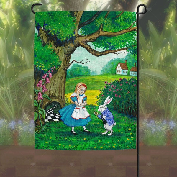 The Rabbit Hole RYTA 2 sided linen Garden Flower Bed Flag Alice In Wonderland Lawn Ornament 12x18 ART Rabbit Illustration Gift SPRING Summer