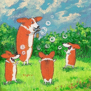 May include: Four orange and white corgi dogs are playing in a green grassy field. One corgi is blowing bubbles with a wand. The other three corgis are chasing the bubbles.