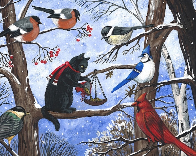 8x10 SEASON of Magic RYTA Christmas Winter Holiday Black cat Oriole Cardinal birds vintage style folk art home decor design decoration art