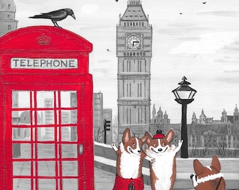 May include: Two corgi dogs wearing kilts stand in front of a red telephone booth with Big Ben in the background. A third corgi dog is taking a picture of the other two.
