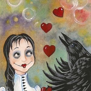 5 x 7 Juggle of the Hearts RYTA Raven Crow Valentijnsdag vrouw interieur huis huis kantoor decor ontwerp decoratie kunst 14 februari grote ogen