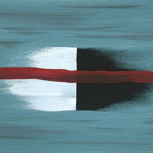 May include: Abstract painting with a horizontal red stripe across a white and black square on a teal background.