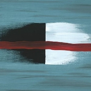 May include: Abstract painting featuring a black and white square in the centre, divided by a thin red line. The background is a light blue colour.