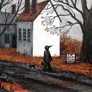 8x10 October In Salem witch Black Cat RYTA ART Halloween Trial Landscape Injustice vintage style folk Horror Haunted Church House village