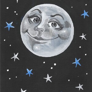 May include: A hand-painted illustration of a smiling moon with a white face and blue eyes against a black background with white and blue stars.