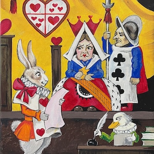 ACEO Alice’s Evidence Ryta Alice im Wunderland folk art Märchenillustration innen Haus Dekor England Karten Queen of hearts Ente
