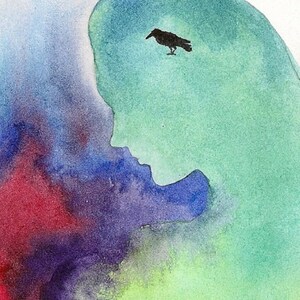 ACEO Raven on my Mind RYTA akvarell kråka fågel surrealistisk fantasi interiör hem hus kontor företag design inredning dekoration konst konstverk