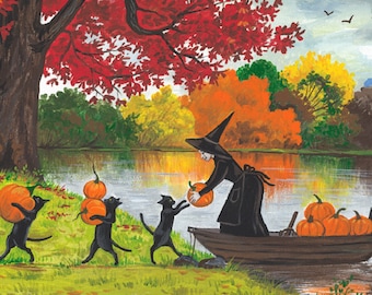 ACEO Witch's Helper RYTA Halloween Autumn Landscape Witch Black Cat pumpkin season Fall colors home interior decor design decoration art