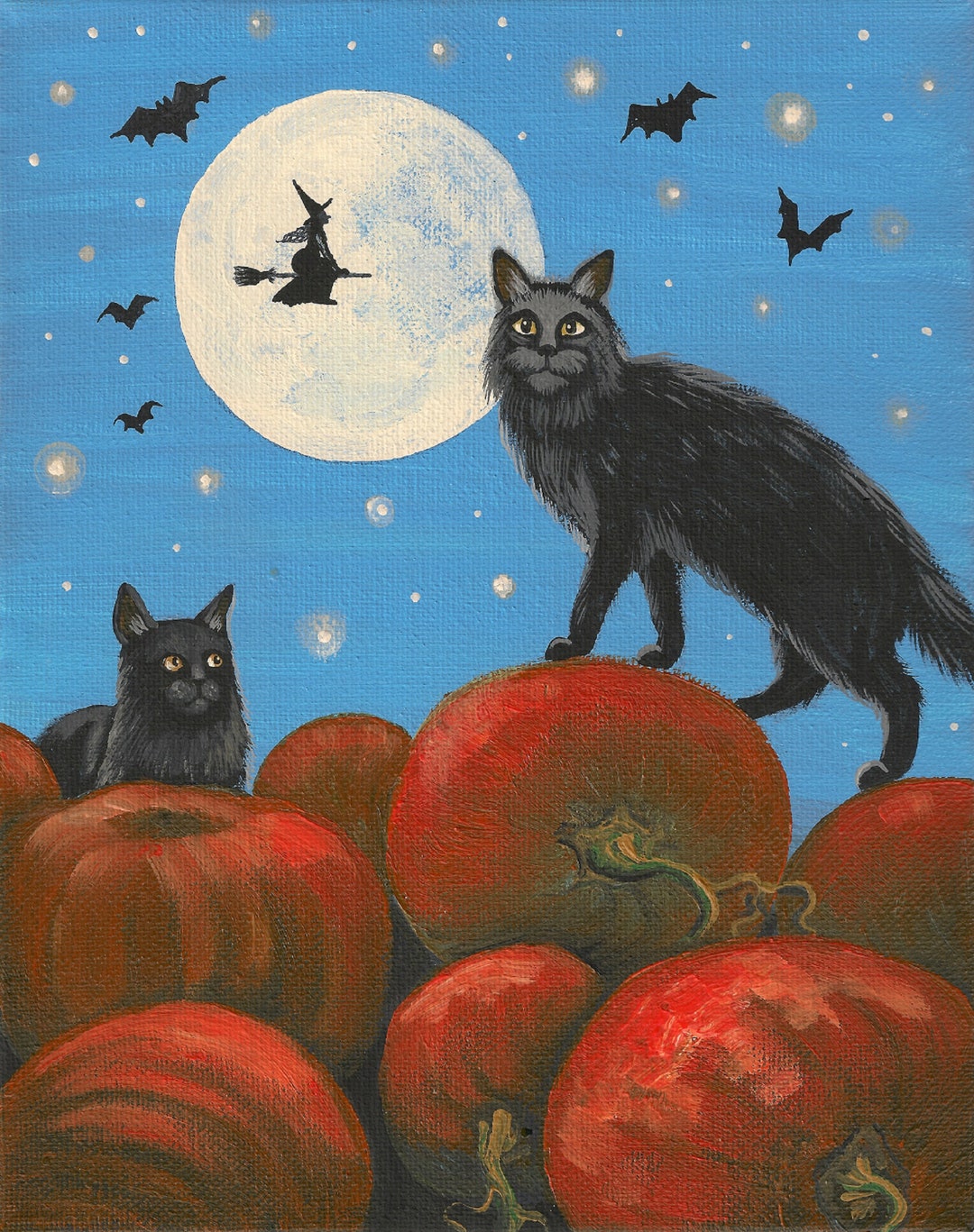 11x14 in the Halloween Pumpkin Patch RYTA Black Cat Witch Full Moon ...