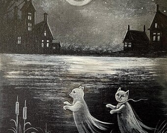 Spooky Buddies 8 x 10 Halloween zwarte kat spook vintage stijl gotische print van schilderij Ryta volkskunst huis spookboerderij landschap heidense meer