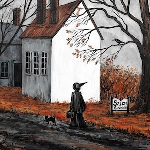 5x7 October In Salem witch Black Cat RYTA ART Halloween Trial Landscape Injustice vintage style folk Horror Haunted print of painting house