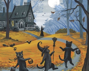 8X10 To The Witch&#39;s House We Go Halloween Black Cat Ryta witch haunted Artist Direct spooky Vintage Style Autumn Fall Seasonal home decor