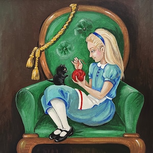 11x11 RYTA ART Alice in Wonderland Folk Art black cat illustration knitting portrait girl whimsical decor design fairy tail English style