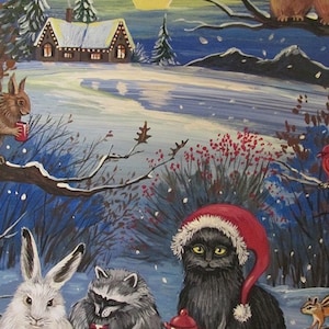 5x7 Christmas Cocoa RYTA black cat white rabbit bunny racoon owl squirrel Winter Holiday seasonal art home decor design decoration interior