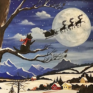 May include: A black cat wearing a red scarf sits on a snow-covered branch of a tree, looking up at a full moon. Santa's sleigh is flying in front of the moon, pulled by reindeer.