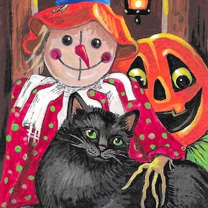 ACEO Castaway Your Troubles RYTA Black Cat Halloween Scarecrow Autumn Fall Seasonal interion home office design decor decoration fine art