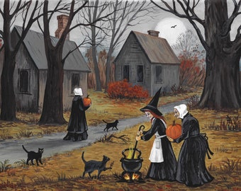 11x14 Secrets of Salem RYTA Halloween witch black Cat folk art landscape house interior home decor decoration design seasonal art print