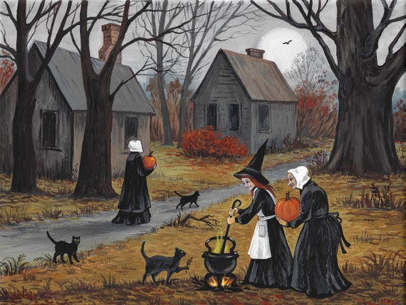 8x10 Signed Print - 'Ryta Halloween Black Cat' Vintage Folk Art By Margaryta Yermolayeva