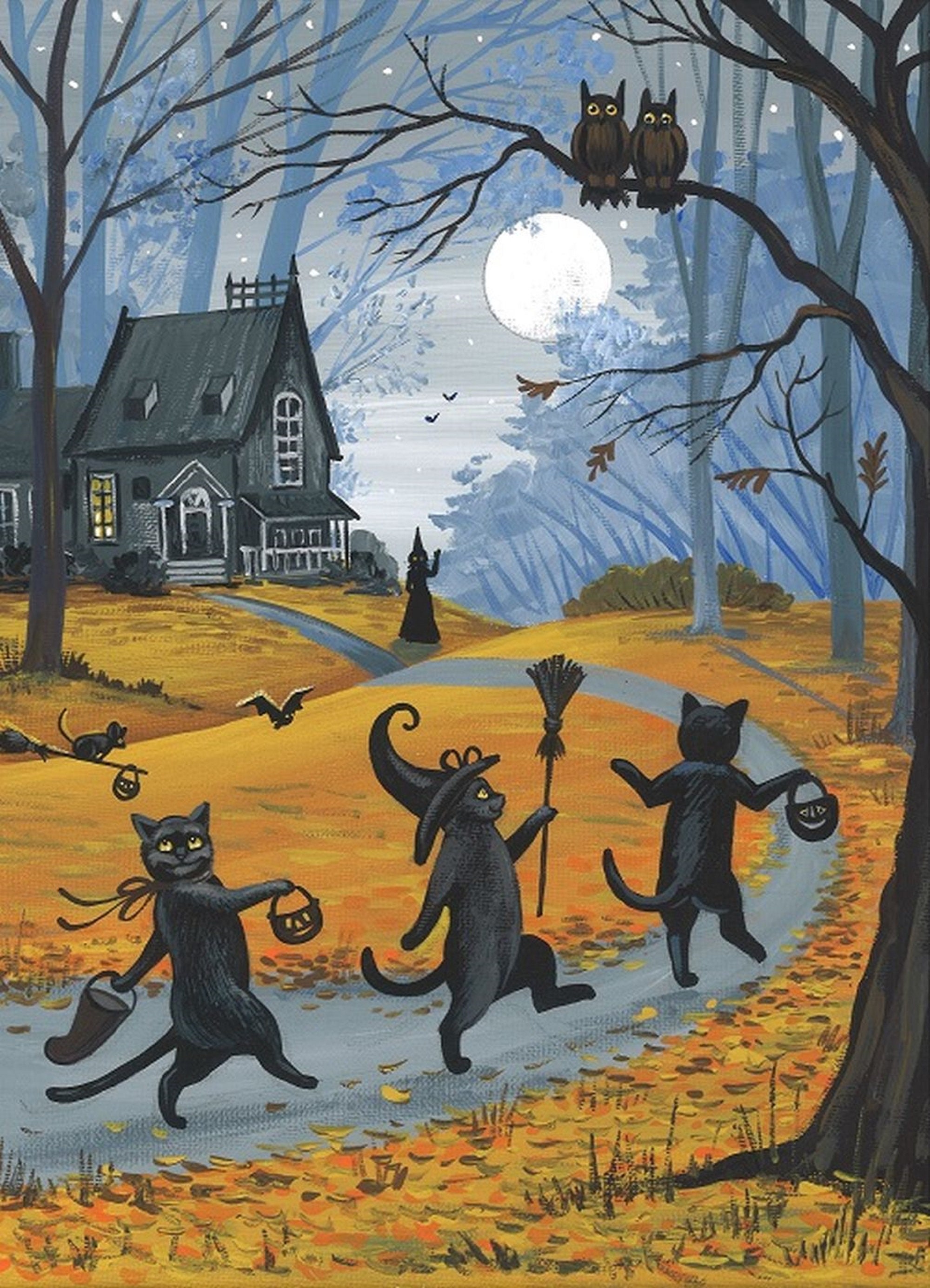ACEO PRINT OF PAINTING RYTA HALLOWEEN TRICK OR TREAT BLACK CAT ENCHANTED FOREST 