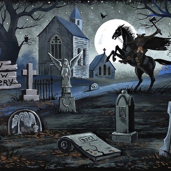 5x7 Van Brunt RYTA Halloween Cavalier sans tête Sleepy Hollow Cemetery pleine lune hantée décoration intérieure décoration design art maison chat