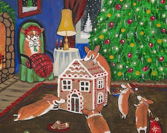 May include: A whimsical painting depicts a Christmas scene with corgis. One corgi sits by a fireplace, while others gather around a gingerbread house. A decorated Christmas tree and a snowy night scene are in the background.