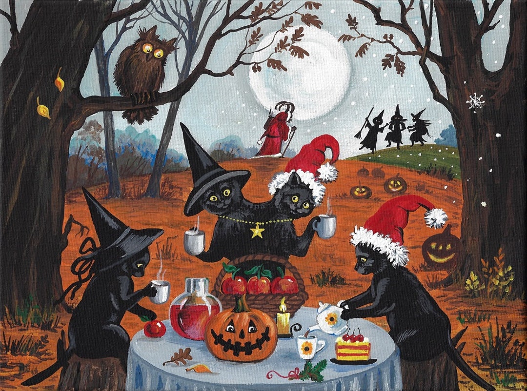 18X24 HAPPY Samhain RYTA Print Halloween Christmas Black Cat Witch