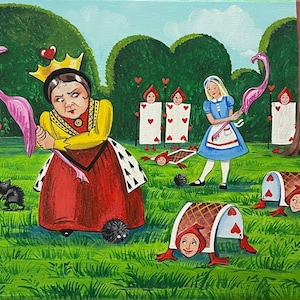11x14 Alice im Wunderland RYTA Folk Art Illustration Portrait Garten Krocket Malerei rosa Herzkönigin Karten Landschaft Flamingo