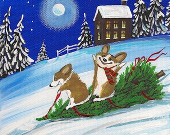 May include: Two corgi dogs pull a Christmas tree on a sled through the snow at night. The tree is decorated with red ribbon. The dogs are wearing red and green scarves. A house with lit windows is in the background.
