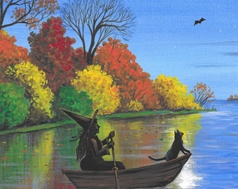 ACEO October Air RYTA Halloween witch black cat autumn Fall leaves colors lake haunted horror interior home decor decoration design bat