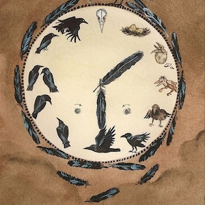 May include: A circular design with a black crow at the top, surrounded by feathers, a skull, a nest, a bird, and other crows. The design is on a beige background.