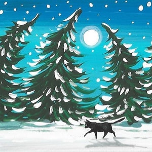 4x6 Winter Stroll RYTA Holiday Christmas Season Black cat landscape frosty, pine tree forest interior home office decor design decoration