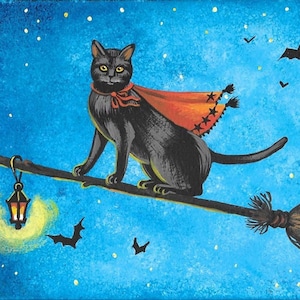 ACEO Cat on a Broom RYTA Halloween Black bat full moon witch spooky seasonal interior home house design decor decoration office table art