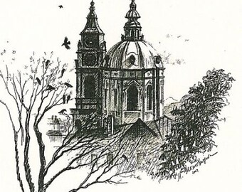 5x7 Crows Over Prague RYTA ART Czech Republic Church sketch ink graphite pencil raven interior home house office decor decoration design