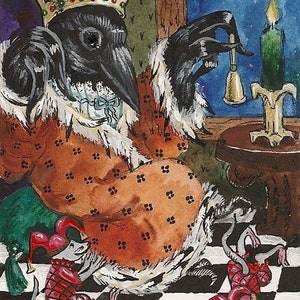 May include: A black crow wearing a gold crown and a red and orange robe sits on a throne. Two small mice wearing jester hats and red and white costumes stand on a black and white checkered floor.