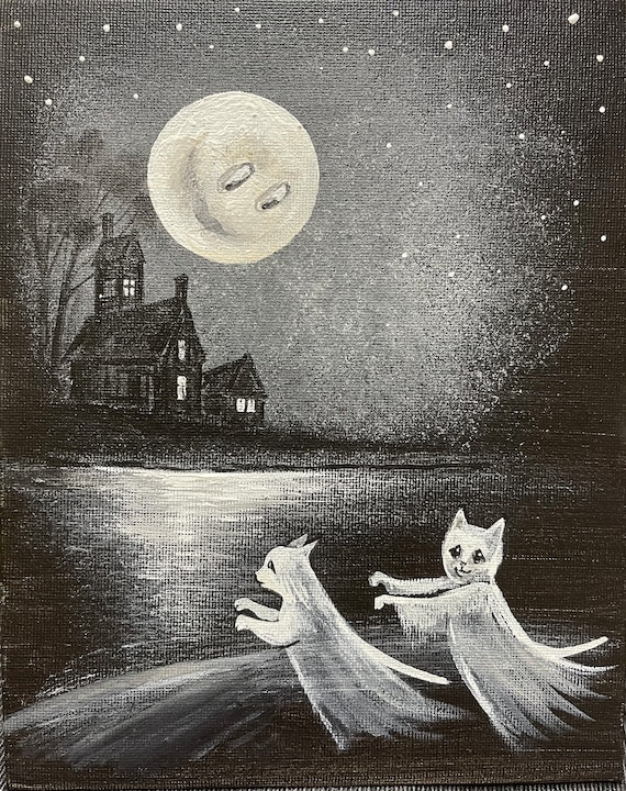 R*U様 【Halloween party】アクリル画 F6 風景画 絵画 Spooky Buddies 5x7 Halloween Black Cat Ryta Print of Painting