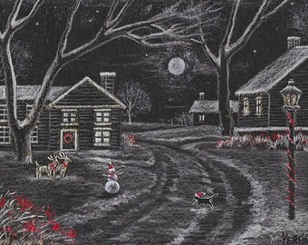 ACEO Crystal Christmas RYTA Holiday Winter Seasonal Landscape wall art fine art snowman design decor decoration reindeer snowman village
