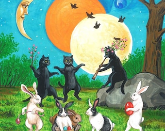 May include: A whimsical painting depicts black cats dancing and playing music under a night sky with a crescent moon and two full moons. Rabbits with Easter eggs are also present, creating a festive, fairytale scene.