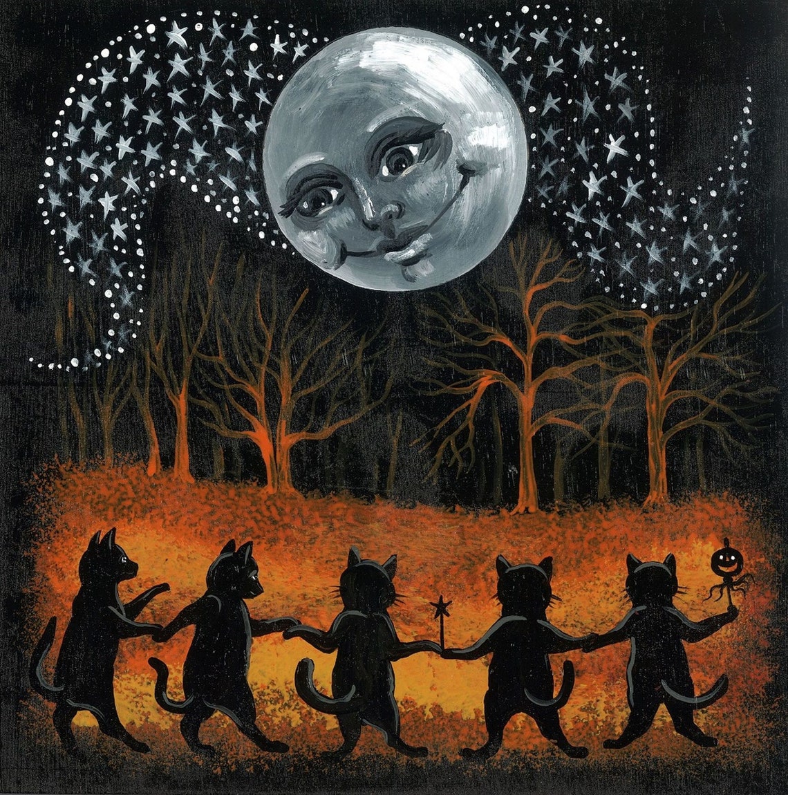 10x10 Cats Dancing on Halloween RYTA Black Cat Full Moon Pagan Witch ...
