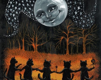 May include: Four black cats dance in a circle under a smiling moon and a sky full of stars. The scene is set in a dark forest with orange leaves on the ground.