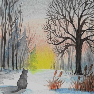 11x14 Gray Cat Sunset RYTA Winter Christmas Holiday Season landscape watercolor home interior office decor design decoration forest woods