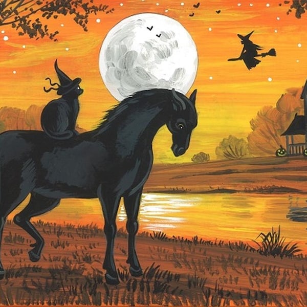 4x6 The Witch Is Coming RYTA black cat Halloween horse haunted landscape art office home house interior decor design decoration full moon
