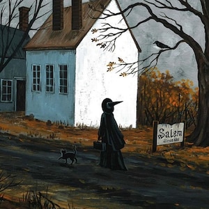 5x7 Salem witch Black Cat Ryta Halloween Trial Landscape Injustice vintage style folk art Horror Haunted Church House village spooky scary
