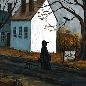 5x7 Salem witch Black Cat Ryta Halloween Trial Landscape Injustice vintage style folk art Horror Haunted House village print of painting odd